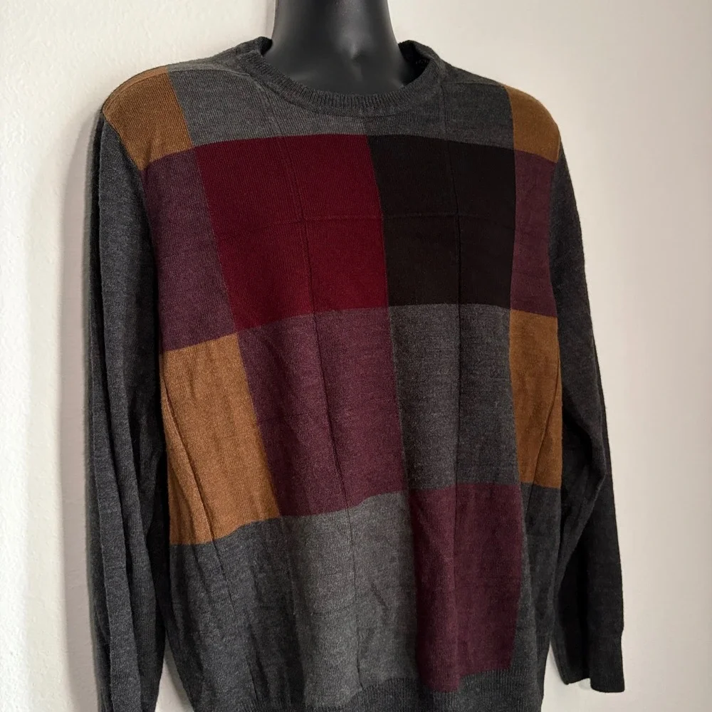 DOCKERS Mens XL Long Sleeve Crew Neck Sweater‎ Plaid Patchwork Academia Preppy